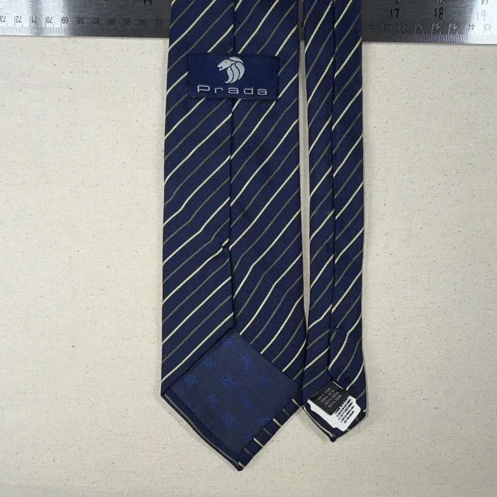 PRADA Men's Blue Yellow Striped Woven Silk Designer Tie with Logo Accent 60